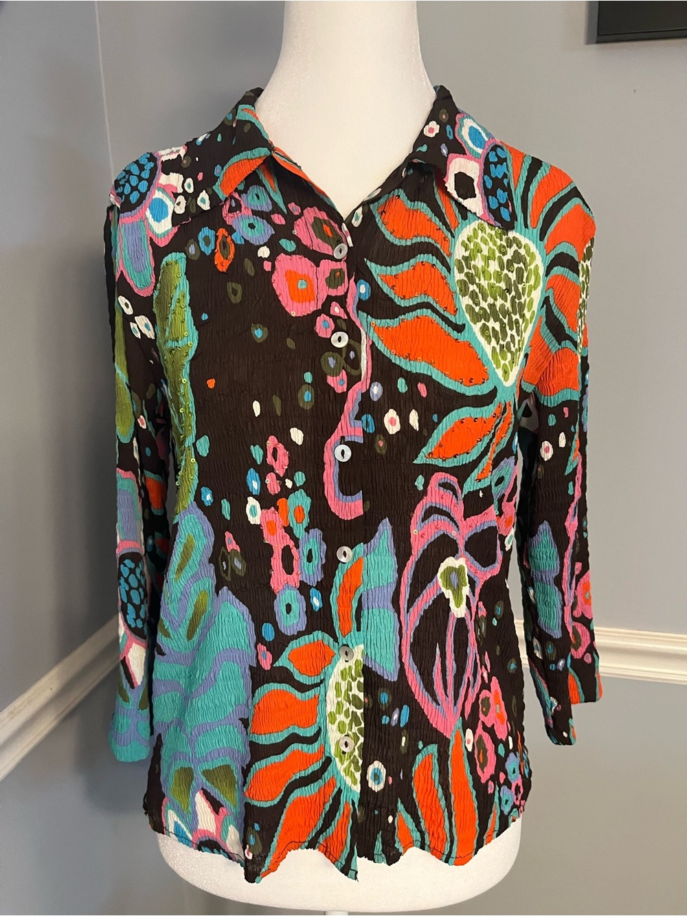 Bold Floral Print Black Button-Front Women's Top